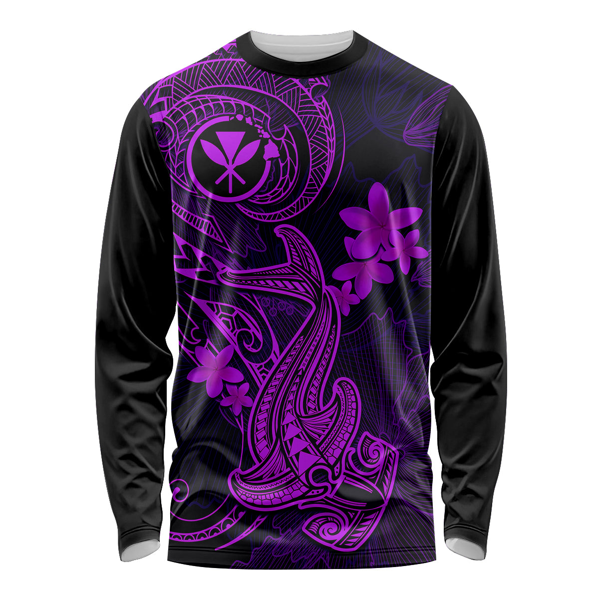 Hawaii Long Sleeve Shirt Hammerhead Shark Tattoo Mix Polynesian Plumeria Purple Version LT14 Unisex Purple - Polynesian Pride