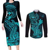Hawaii Couples Matching Long Sleeve Bodycon Dress and Long Sleeve Button Shirts Hammerhead Shark Tattoo Mix Polynesian Plumeria Turquoise Version LT14 Turquoise - Polynesian Pride