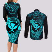 Hawaii Couples Matching Long Sleeve Bodycon Dress and Long Sleeve Button Shirts Hammerhead Shark Tattoo Mix Polynesian Plumeria Turquoise Version LT14 - Polynesian Pride