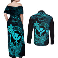 hawaii-couples-matching-off-shoulder-maxi-dress-and-long-sleeve-button-shirts-hammerhead-shark-tattoo-mix-polynesian-plumeria-turquoise-version