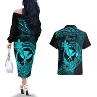 Hawaii Couples Matching Off The Shoulder Long Sleeve Dress and Hawaiian Shirt Hammerhead Shark Tattoo Mix Polynesian Plumeria Turquoise Version LT14 - Polynesian Pride