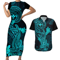 Hawaii Couples Matching Short Sleeve Bodycon Dress and Hawaiian Shirt Hammerhead Shark Tattoo Mix Polynesian Plumeria Turquoise Version LT14 Turquoise - Polynesian Pride