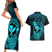 Hawaii Couples Matching Short Sleeve Bodycon Dress and Hawaiian Shirt Hammerhead Shark Tattoo Mix Polynesian Plumeria Turquoise Version LT14 - Polynesian Pride