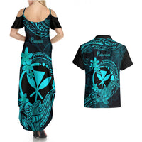Hawaii Couples Matching Summer Maxi Dress and Hawaiian Shirt Hammerhead Shark Tattoo Mix Polynesian Plumeria Turquoise Version LT14 - Polynesian Pride