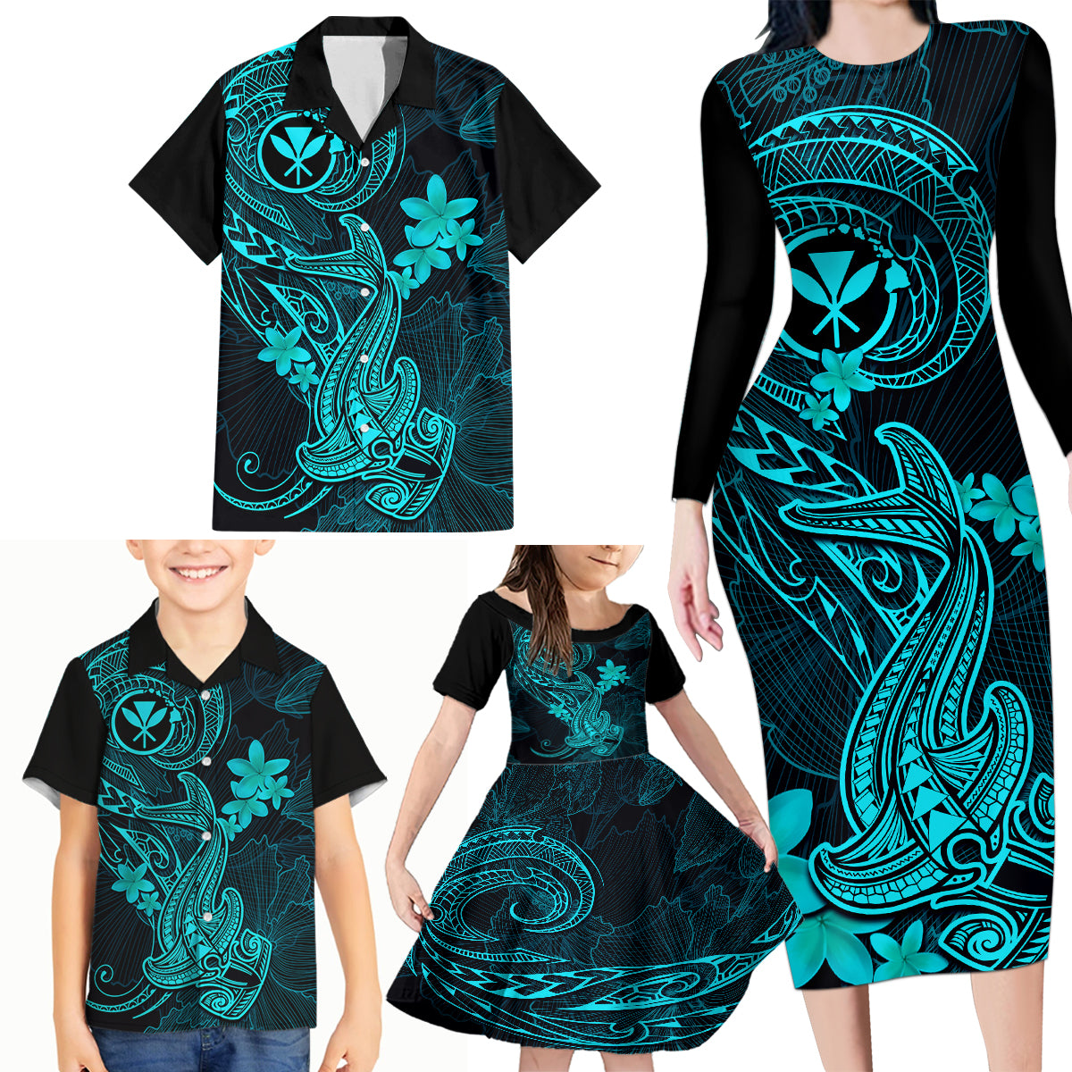 Hawaii Family Matching Long Sleeve Bodycon Dress and Hawaiian Shirt Hammerhead Shark Tattoo Mix Polynesian Plumeria Turquoise Version LT14 - Polynesian Pride