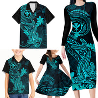 Hawaii Family Matching Long Sleeve Bodycon Dress and Hawaiian Shirt Hammerhead Shark Tattoo Mix Polynesian Plumeria Turquoise Version LT14 - Polynesian Pride