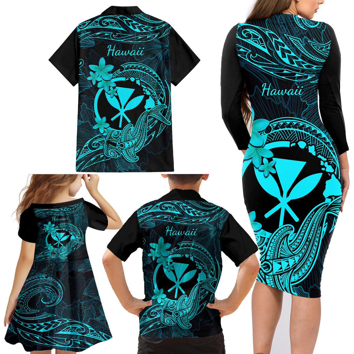 Hawaii Family Matching Long Sleeve Bodycon Dress and Hawaiian Shirt Hammerhead Shark Tattoo Mix Polynesian Plumeria Turquoise Version LT14 - Polynesian Pride