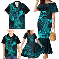 Hawaii Family Matching Mermaid Dress and Hawaiian Shirt Hammerhead Shark Tattoo Mix Polynesian Plumeria Turquoise Version LT14 - Polynesian Pride