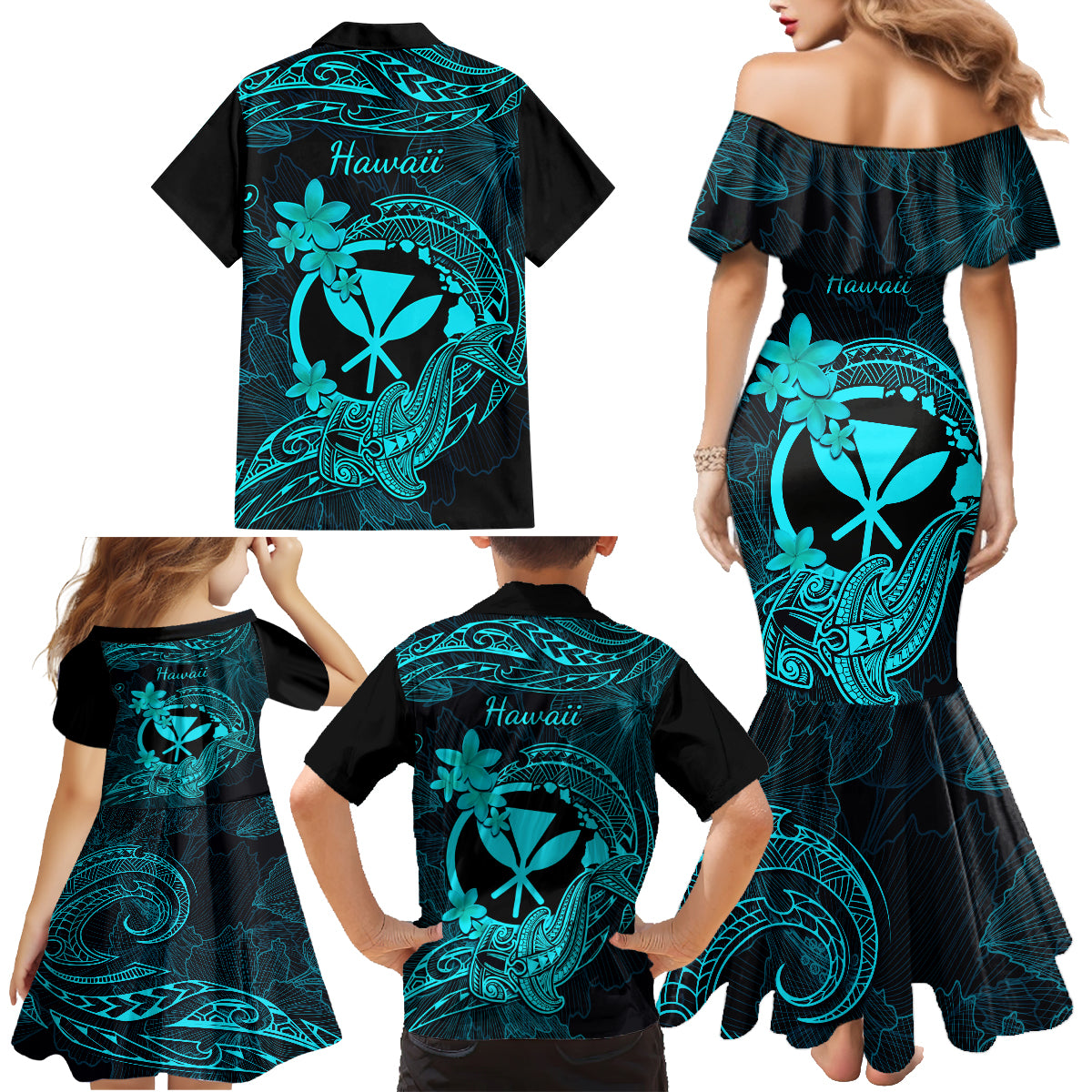 Hawaii Family Matching Mermaid Dress and Hawaiian Shirt Hammerhead Shark Tattoo Mix Polynesian Plumeria Turquoise Version LT14 - Polynesian Pride