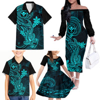 Hawaii Family Matching Off Shoulder Long Sleeve Dress and Hawaiian Shirt Hammerhead Shark Tattoo Mix Polynesian Plumeria Turquoise Version LT14 - Polynesian Pride