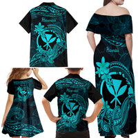 Hawaii Family Matching Off Shoulder Long Sleeve Dress and Hawaiian Shirt Hammerhead Shark Tattoo Mix Polynesian Plumeria Turquoise Version LT14 - Polynesian Pride