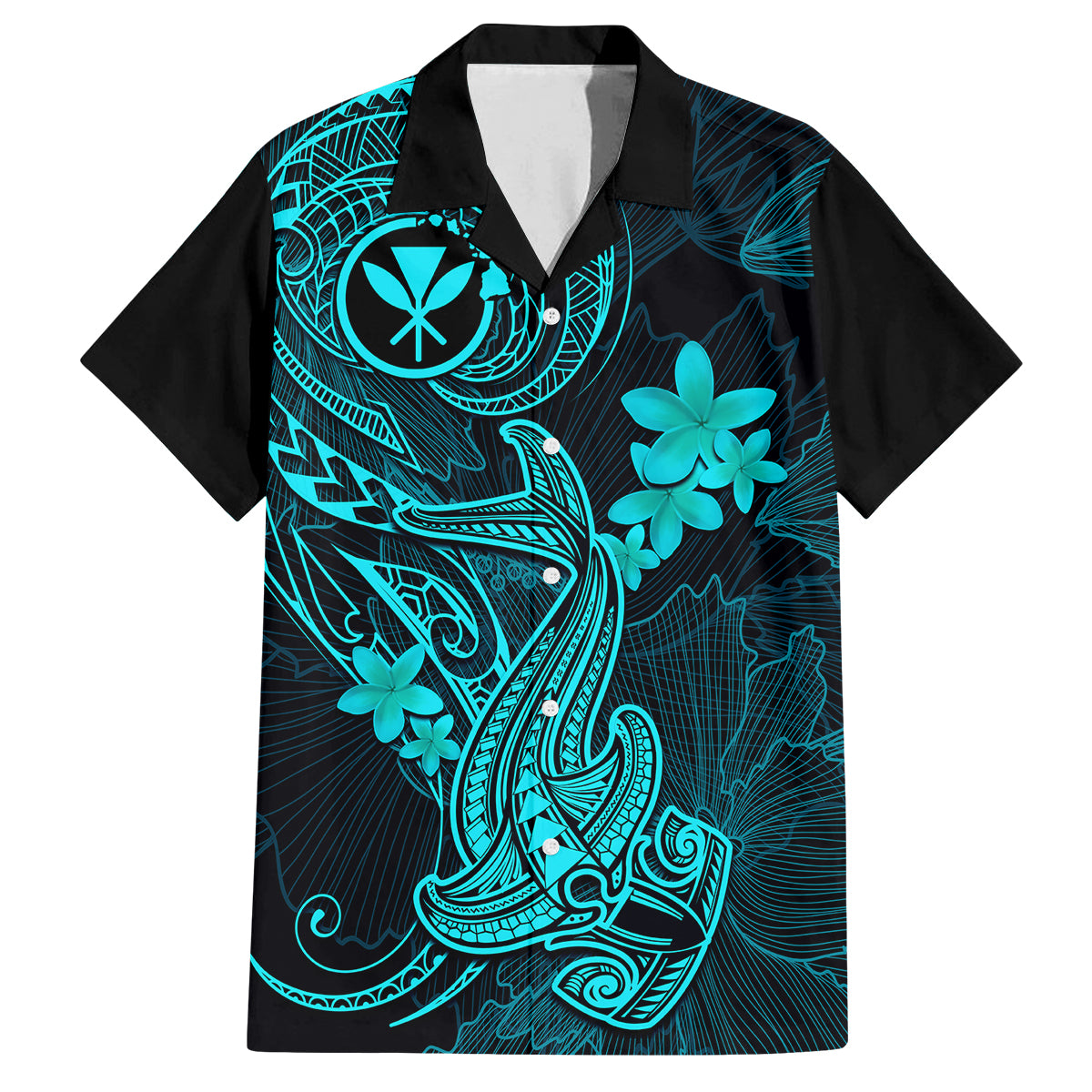Hawaii Family Matching Off Shoulder Maxi Dress and Hawaiian Shirt Hammerhead Shark Tattoo Mix Polynesian Plumeria Turquoise Version LT14 Dad's Shirt - Short Sleeve Turquoise - Polynesian Pride