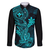 Hawaii Family Matching Off Shoulder Maxi Dress and Hawaiian Shirt Hammerhead Shark Tattoo Mix Polynesian Plumeria Turquoise Version LT14 Dad's Shirt - Long Sleeve Turquoise - Polynesian Pride