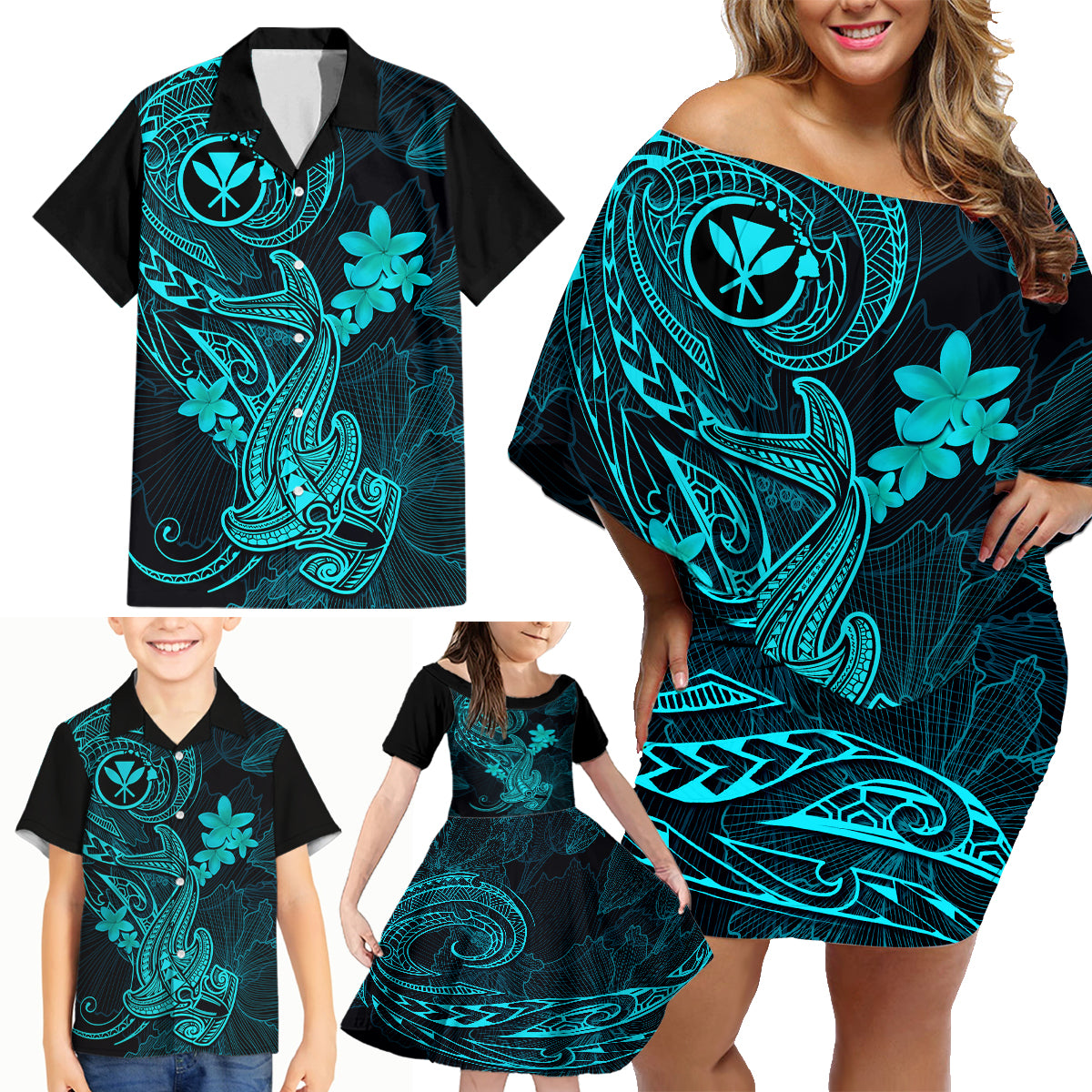 Hawaii Family Matching Off Shoulder Short Dress and Hawaiian Shirt Hammerhead Shark Tattoo Mix Polynesian Plumeria Turquoise Version LT14 - Polynesian Pride