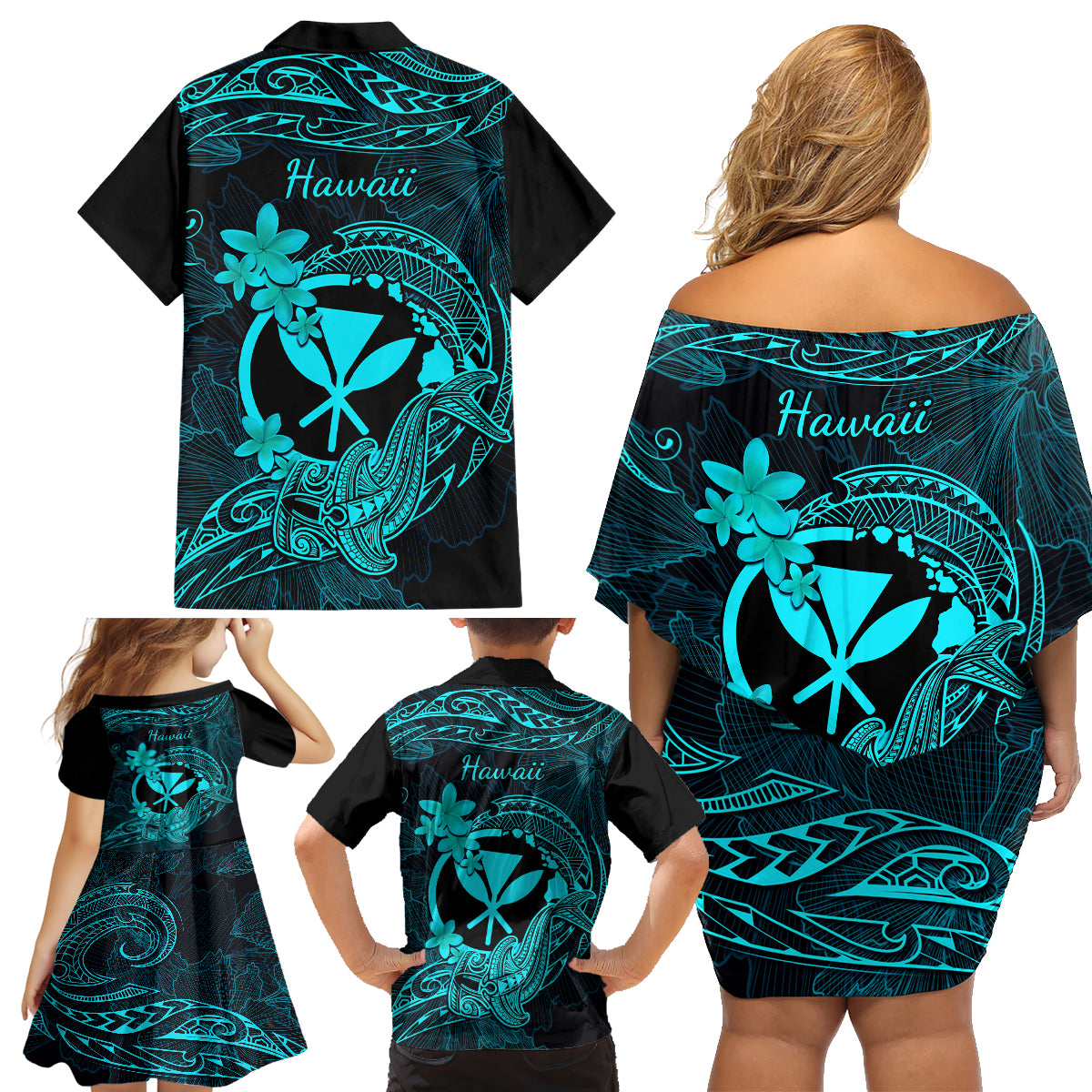 Hawaii Family Matching Off Shoulder Short Dress and Hawaiian Shirt Hammerhead Shark Tattoo Mix Polynesian Plumeria Turquoise Version LT14 - Polynesian Pride