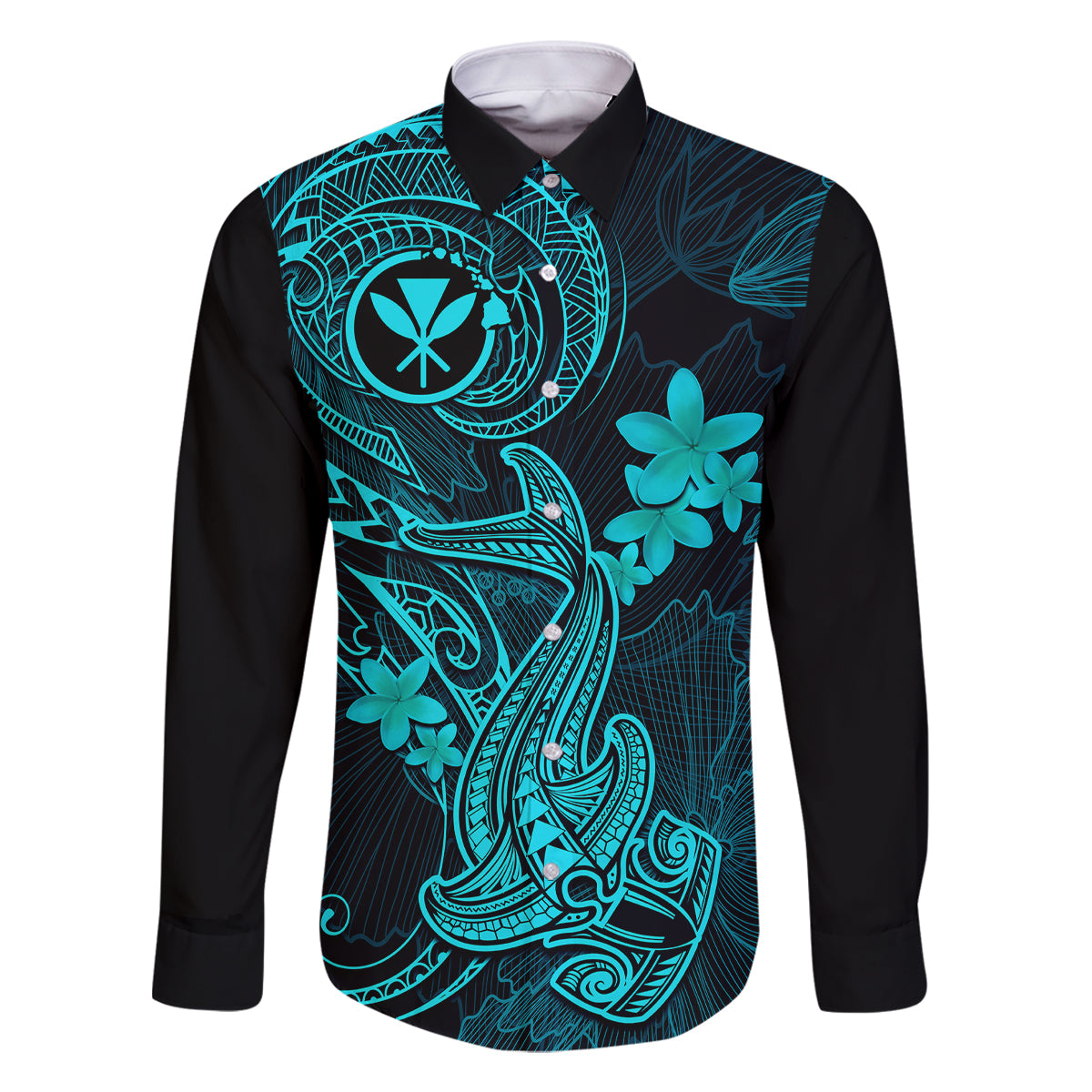 Hawaii Family Matching Off Shoulder Short Dress and Hawaiian Shirt Hammerhead Shark Tattoo Mix Polynesian Plumeria Turquoise Version LT14 Dad's Shirt - Long Sleeve Turquoise - Polynesian Pride