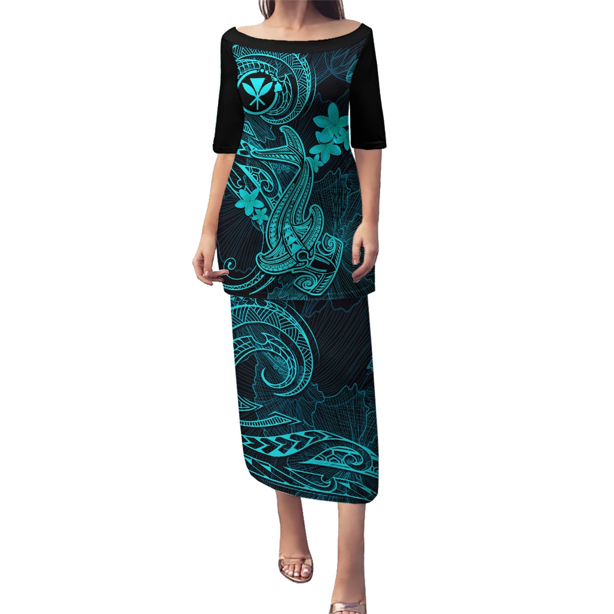 Hawaii Family Matching Puletasi Dress and Hawaiian Shirt Hammerhead Shark Tattoo Mix Polynesian Plumeria Turquoise Version LT14 Mom's Dress Turquoise - Polynesian Pride