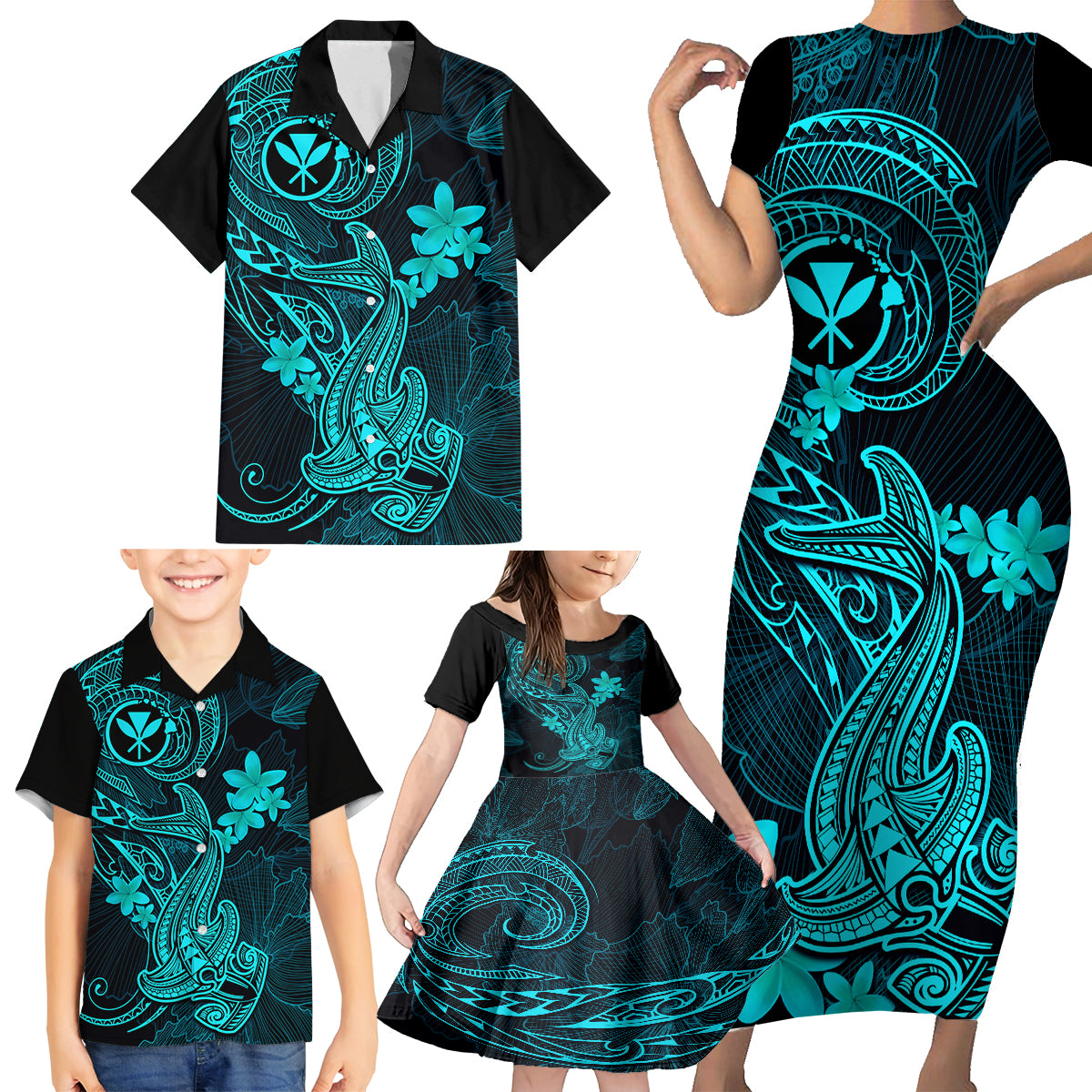 Hawaii Family Matching Short Sleeve Bodycon Dress and Hawaiian Shirt Hammerhead Shark Tattoo Mix Polynesian Plumeria Turquoise Version LT14 - Polynesian Pride
