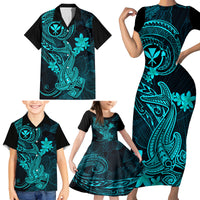 Hawaii Family Matching Short Sleeve Bodycon Dress and Hawaiian Shirt Hammerhead Shark Tattoo Mix Polynesian Plumeria Turquoise Version LT14 - Polynesian Pride