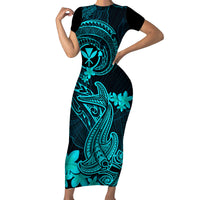 Hawaii Family Matching Short Sleeve Bodycon Dress and Hawaiian Shirt Hammerhead Shark Tattoo Mix Polynesian Plumeria Turquoise Version LT14 Mom's Dress Turquoise - Polynesian Pride
