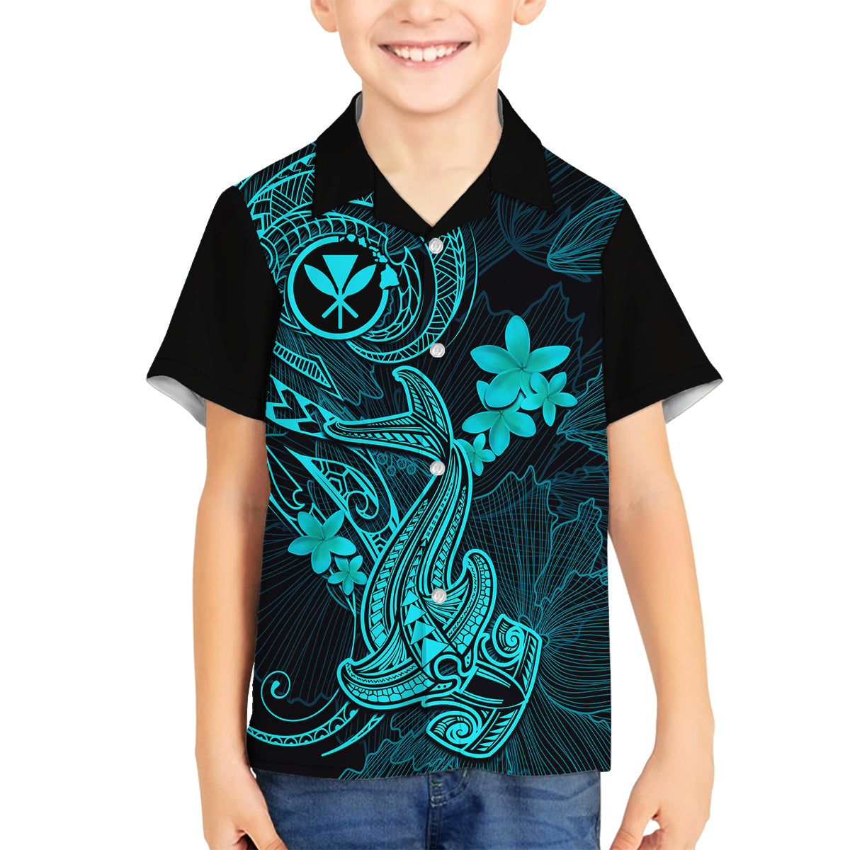 Hawaii Family Matching Summer Maxi Dress and Hawaiian Shirt Hammerhead Shark Tattoo Mix Polynesian Plumeria Turquoise Version LT14 Dad's Shirt - Long Sleeve Turquoise - Polynesian Pride