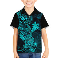 Hawaii Family Matching Summer Maxi Dress and Hawaiian Shirt Hammerhead Shark Tattoo Mix Polynesian Plumeria Turquoise Version LT14 Dad's Shirt - Long Sleeve Turquoise - Polynesian Pride