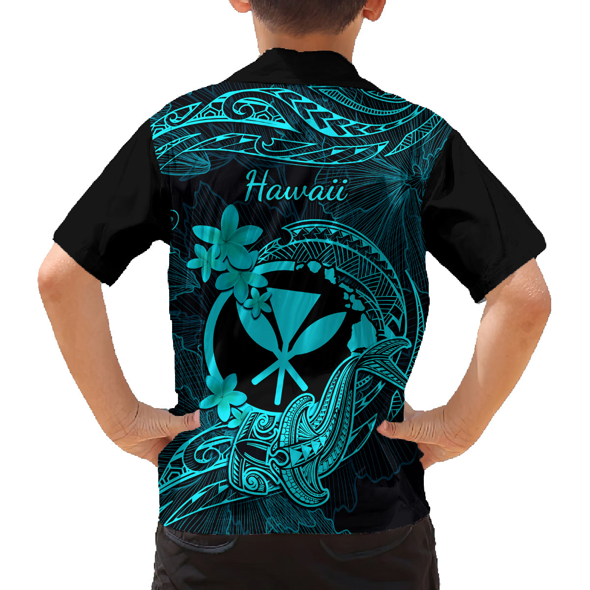 Hawaii Family Matching Summer Maxi Dress and Hawaiian Shirt Hammerhead Shark Tattoo Mix Polynesian Plumeria Turquoise Version LT14 - Polynesian Pride