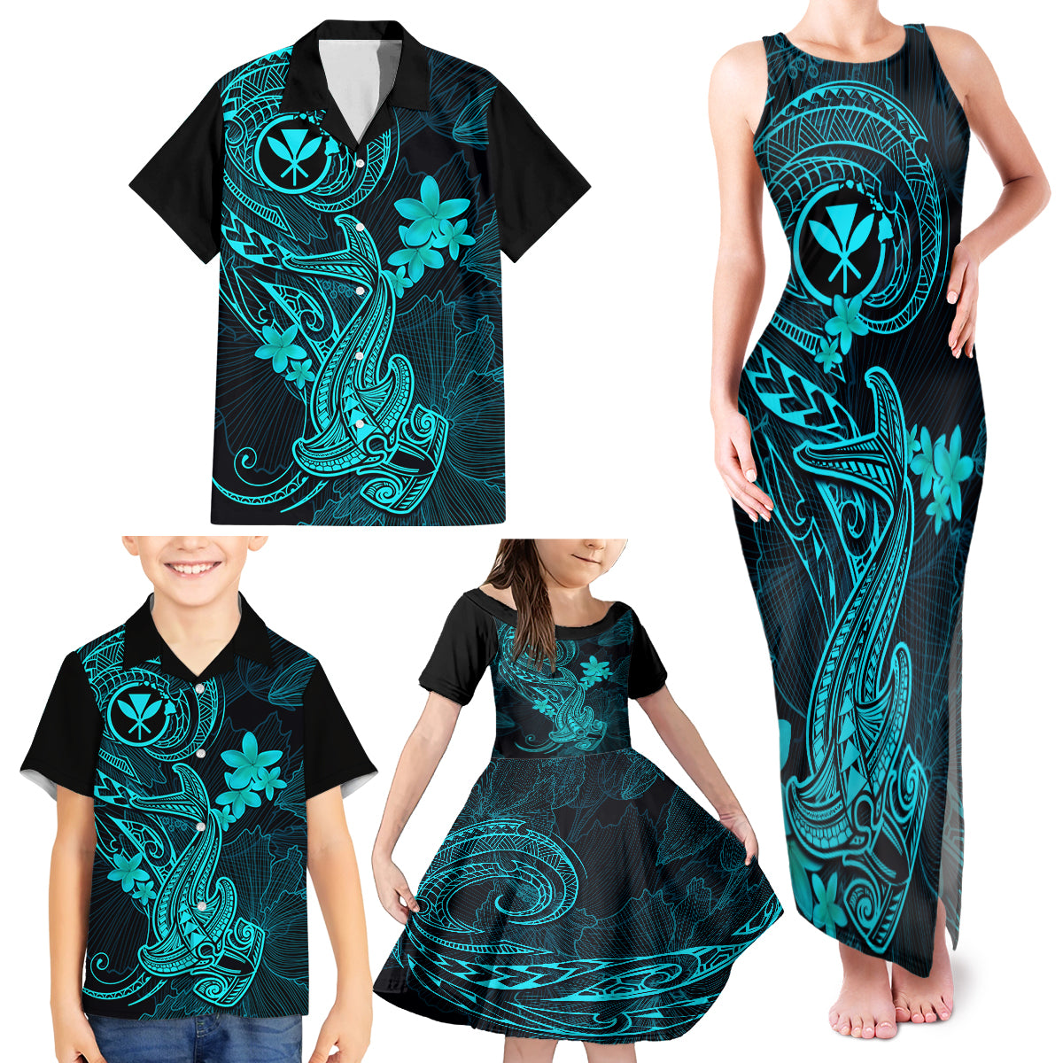Hawaii Family Matching Tank Maxi Dress and Hawaiian Shirt Hammerhead Shark Tattoo Mix Polynesian Plumeria Turquoise Version LT14 - Polynesian Pride