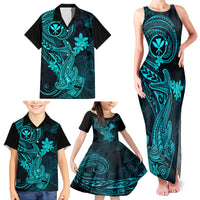Hawaii Family Matching Tank Maxi Dress and Hawaiian Shirt Hammerhead Shark Tattoo Mix Polynesian Plumeria Turquoise Version LT14 - Polynesian Pride