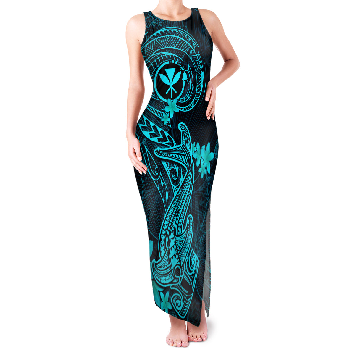 Hawaii Family Matching Tank Maxi Dress and Hawaiian Shirt Hammerhead Shark Tattoo Mix Polynesian Plumeria Turquoise Version LT14 Mom's Dress Turquoise - Polynesian Pride