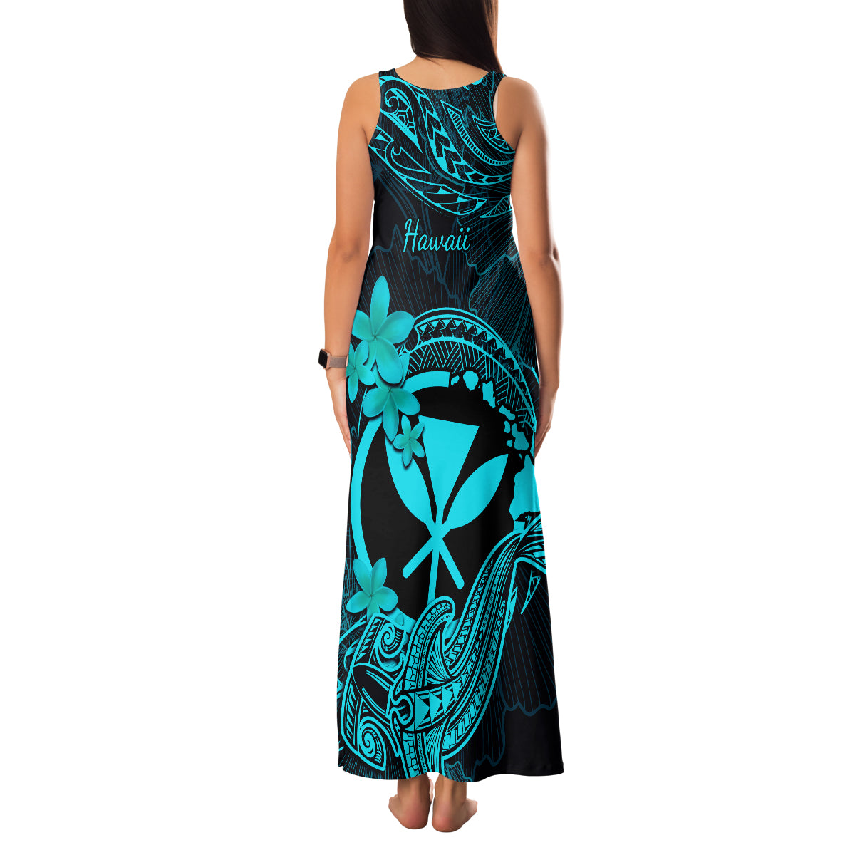 Hawaii Family Matching Tank Maxi Dress and Hawaiian Shirt Hammerhead Shark Tattoo Mix Polynesian Plumeria Turquoise Version LT14 - Polynesian Pride