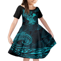 hawaii-kid-short-sleeve-dress-hammerhead-shark-tattoo-mix-polynesian-plumeria-turquoise-version