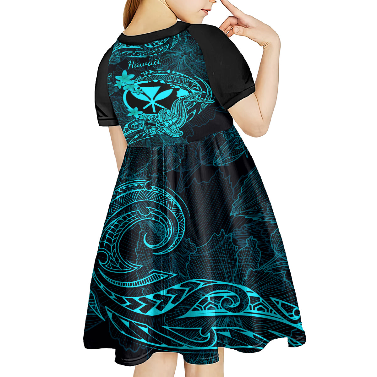 hawaii-kid-short-sleeve-dress-hammerhead-shark-tattoo-mix-polynesian-plumeria-turquoise-version