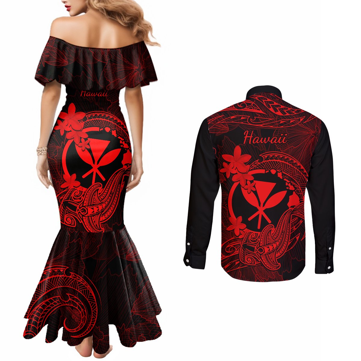 hawaii-couples-matching-mermaid-dress-and-long-sleeve-button-shirts-hammerhead-shark-tattoo-mix-polynesian-plumeria-red-version