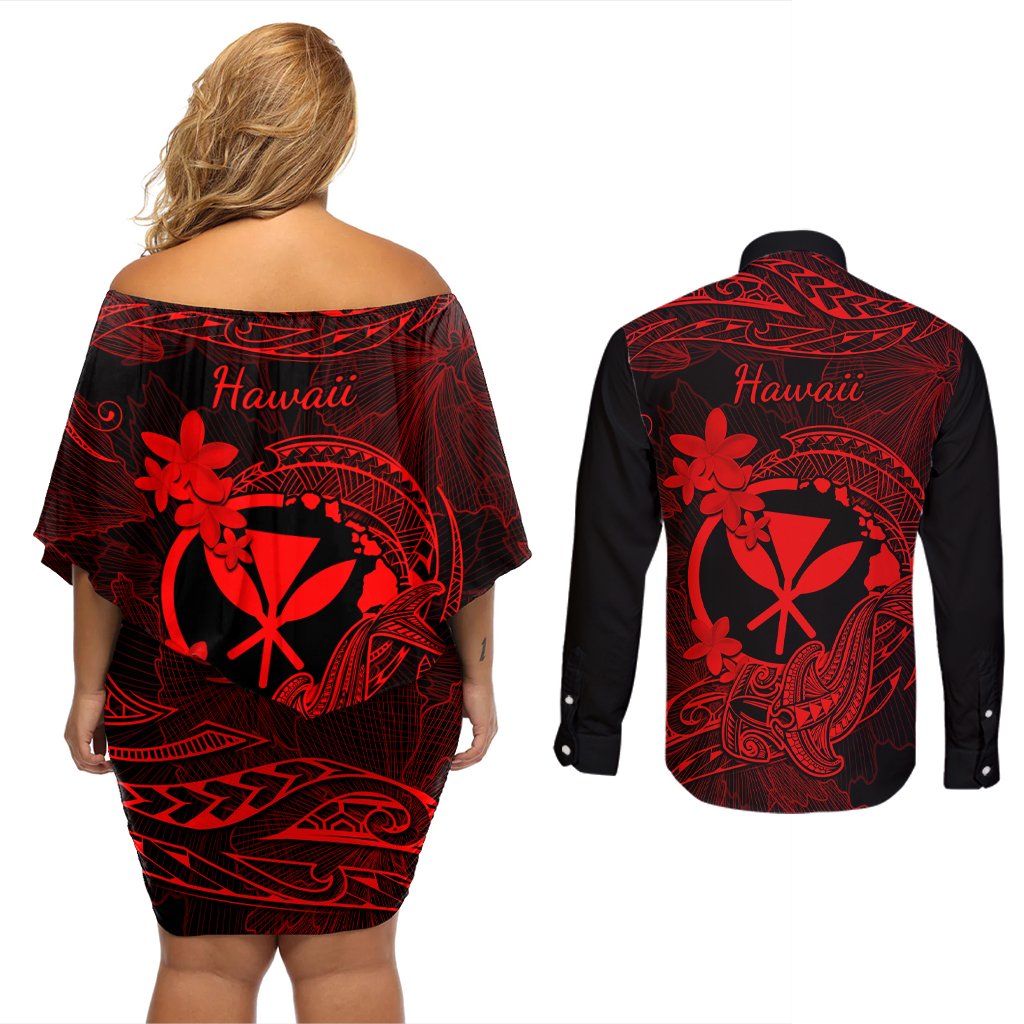 hawaii-couples-matching-off-shoulder-short-dress-and-long-sleeve-button-shirts-hammerhead-shark-tattoo-mix-polynesian-plumeria-red-version