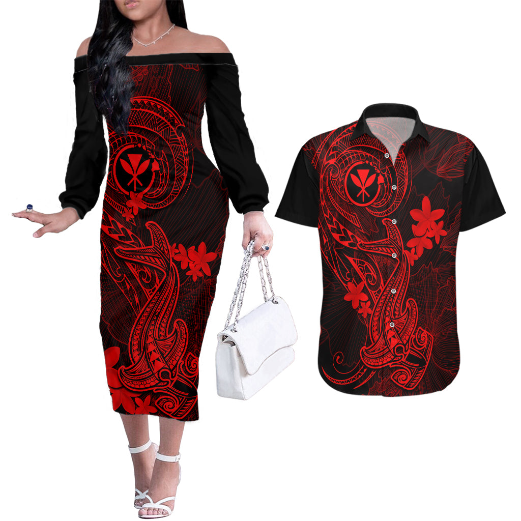 hawaii-couples-matching-off-the-shoulder-long-sleeve-dress-and-hawaiian-shirt-hammerhead-shark-tattoo-mix-polynesian-plumeria-red-version