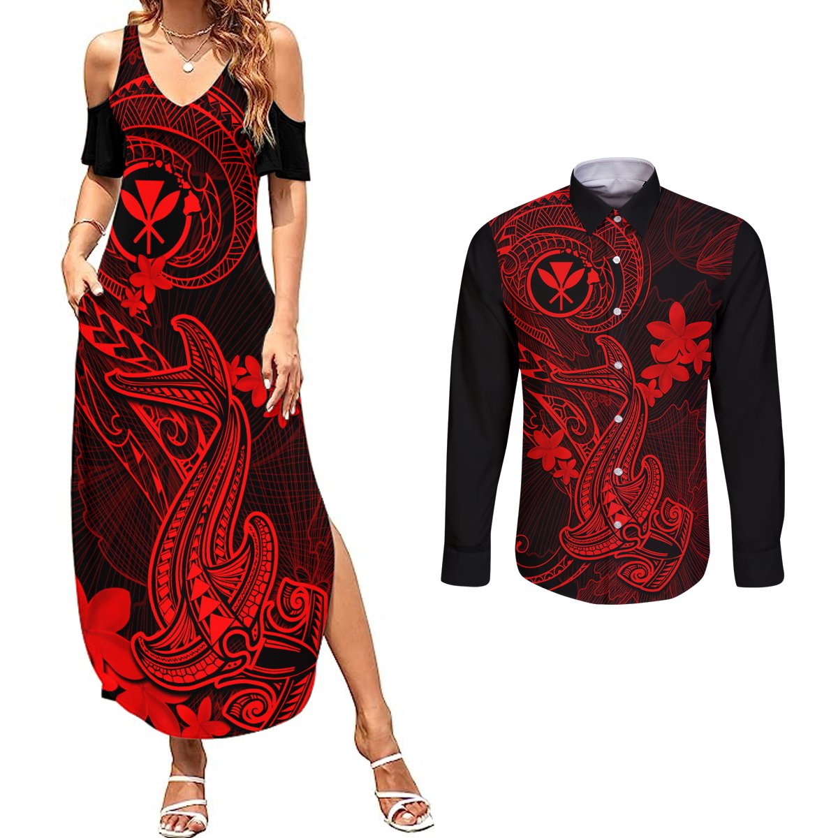 hawaii-couples-matching-summer-maxi-dress-and-long-sleeve-button-shirts-hammerhead-shark-tattoo-mix-polynesian-plumeria-red-version