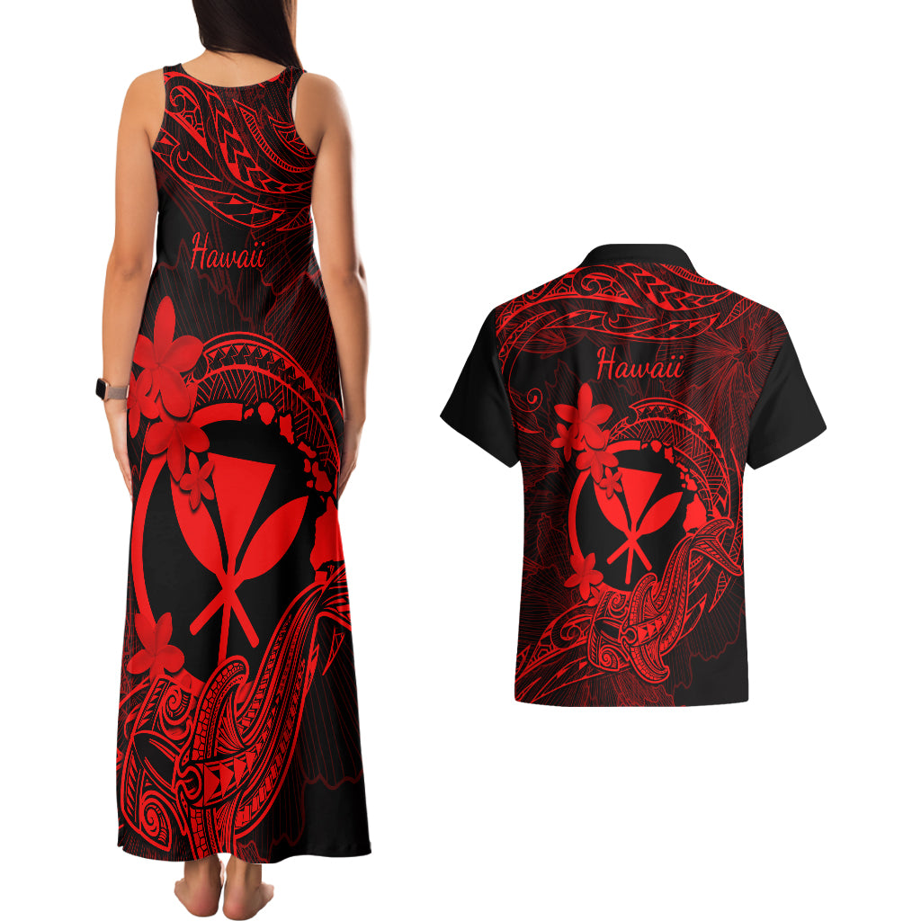 hawaii-couples-matching-tank-maxi-dress-and-hawaiian-shirt-hammerhead-shark-tattoo-mix-polynesian-plumeria-red-version