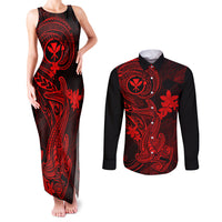 hawaii-couples-matching-tank-maxi-dress-and-long-sleeve-button-shirts-hammerhead-shark-tattoo-mix-polynesian-plumeria-red-version