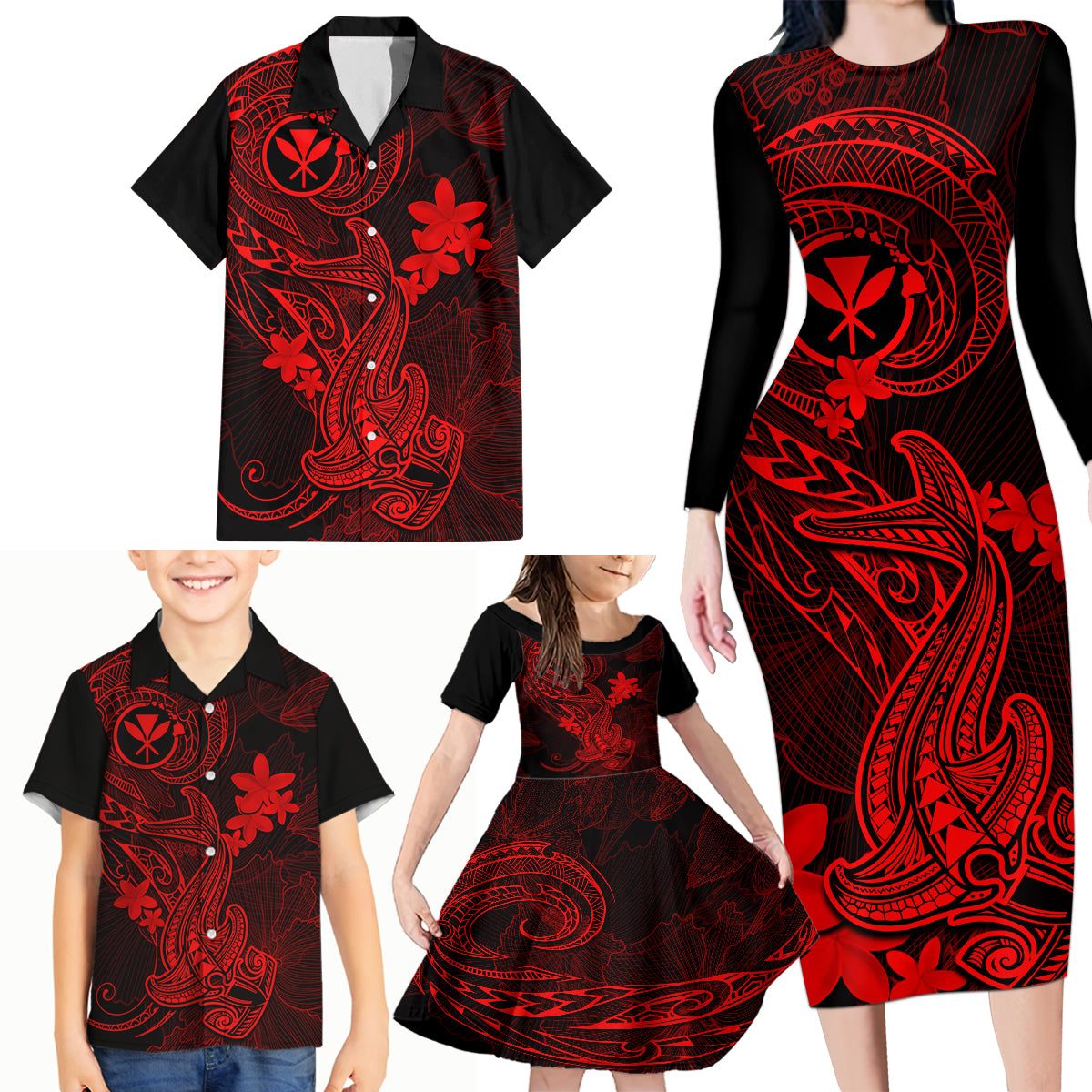 Hawaii Family Matching Long Sleeve Bodycon Dress and Hawaiian Shirt Hammerhead Shark Tattoo Mix Polynesian Plumeria Red Version LT14 - Polynesian Pride