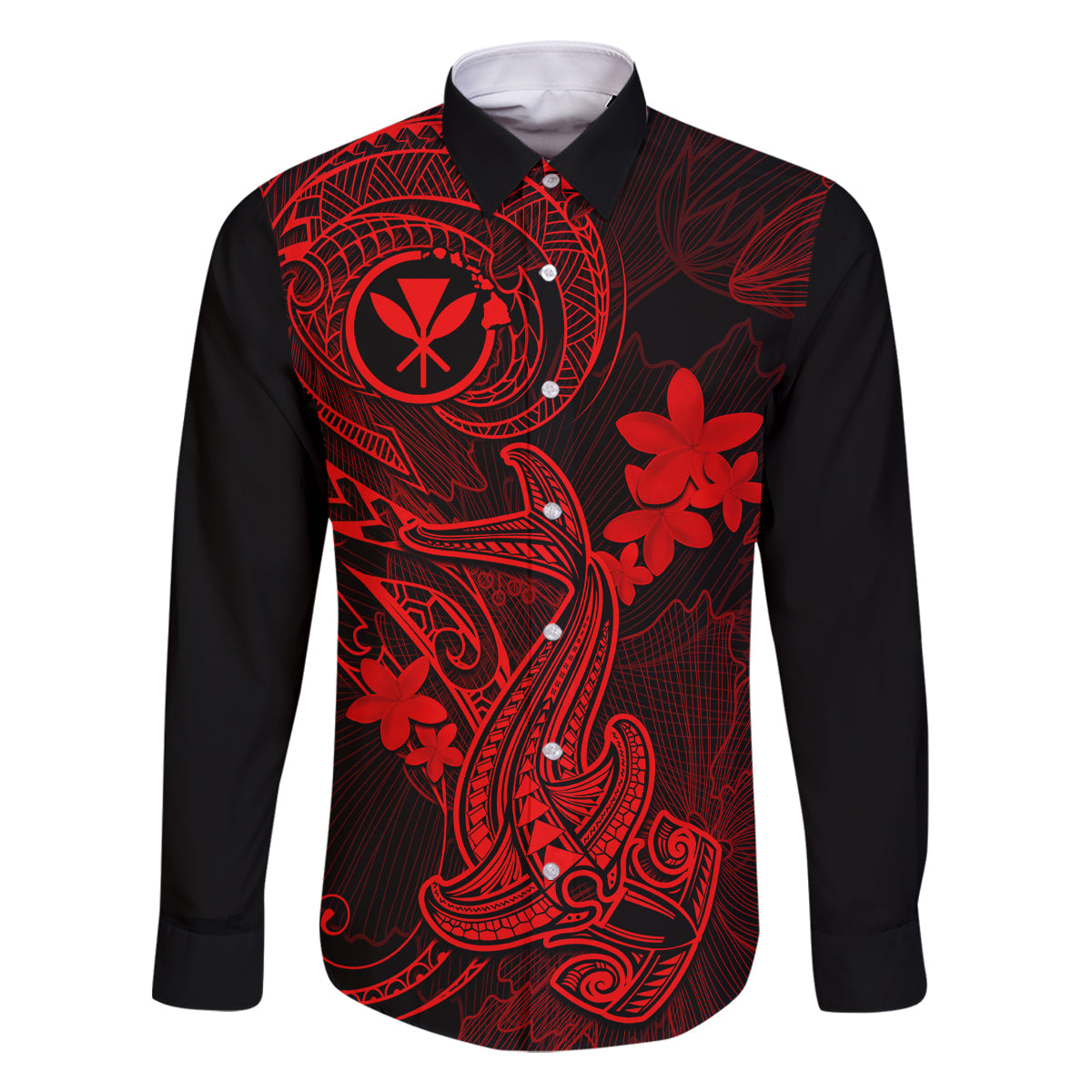 Hawaii Family Matching Long Sleeve Bodycon Dress and Hawaiian Shirt Hammerhead Shark Tattoo Mix Polynesian Plumeria Red Version LT14 Dad's Shirt - Long Sleeve Red - Polynesian Pride