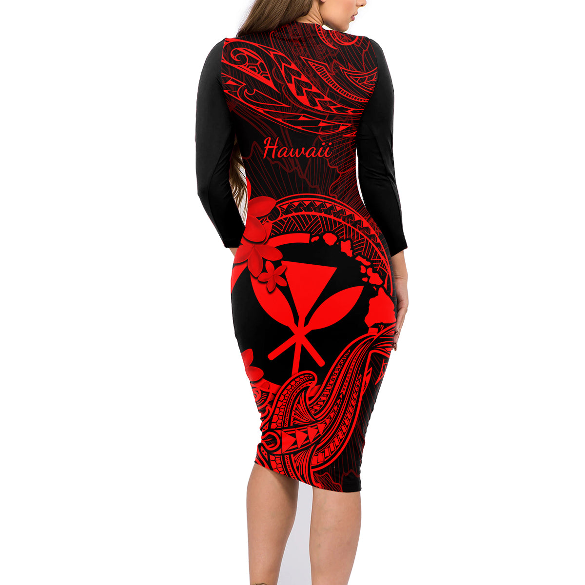 Hawaii Family Matching Long Sleeve Bodycon Dress and Hawaiian Shirt Hammerhead Shark Tattoo Mix Polynesian Plumeria Red Version LT14 - Polynesian Pride