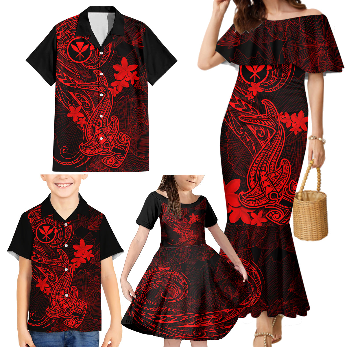 Hawaii Family Matching Mermaid Dress and Hawaiian Shirt Hammerhead Shark Tattoo Mix Polynesian Plumeria Red Version LT14 - Polynesian Pride