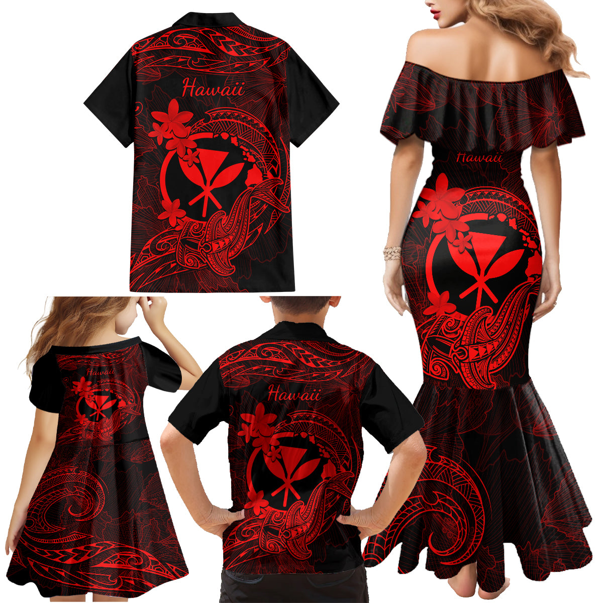 Hawaii Family Matching Mermaid Dress and Hawaiian Shirt Hammerhead Shark Tattoo Mix Polynesian Plumeria Red Version LT14 - Polynesian Pride