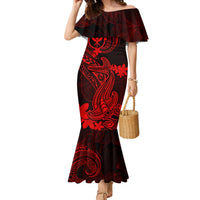 Hawaii Family Matching Mermaid Dress and Hawaiian Shirt Hammerhead Shark Tattoo Mix Polynesian Plumeria Red Version LT14 Mom's Dress Red - Polynesian Pride