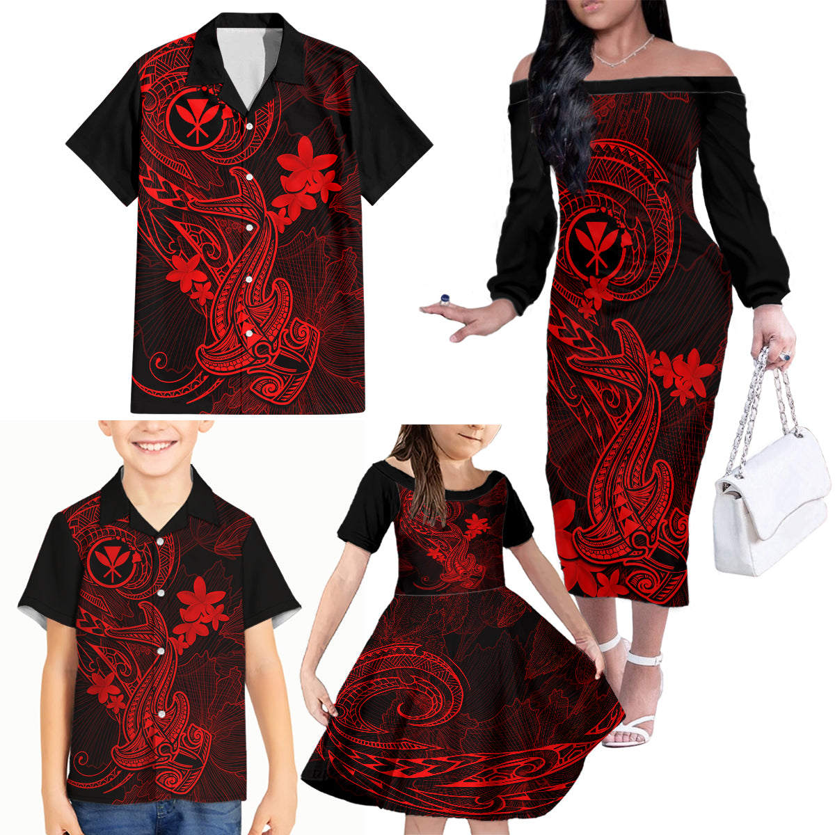 Hawaii Family Matching Off Shoulder Long Sleeve Dress and Hawaiian Shirt Hammerhead Shark Tattoo Mix Polynesian Plumeria Red Version LT14 - Polynesian Pride