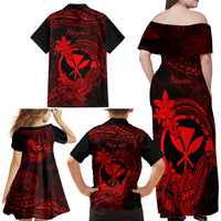 Hawaii Family Matching Off Shoulder Long Sleeve Dress and Hawaiian Shirt Hammerhead Shark Tattoo Mix Polynesian Plumeria Red Version LT14 - Polynesian Pride