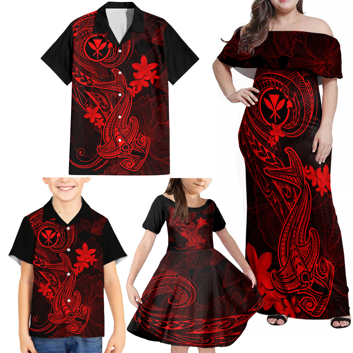 Hawaii Family Matching Off Shoulder Maxi Dress and Hawaiian Shirt Hammerhead Shark Tattoo Mix Polynesian Plumeria Red Version LT14 - Polynesian Pride