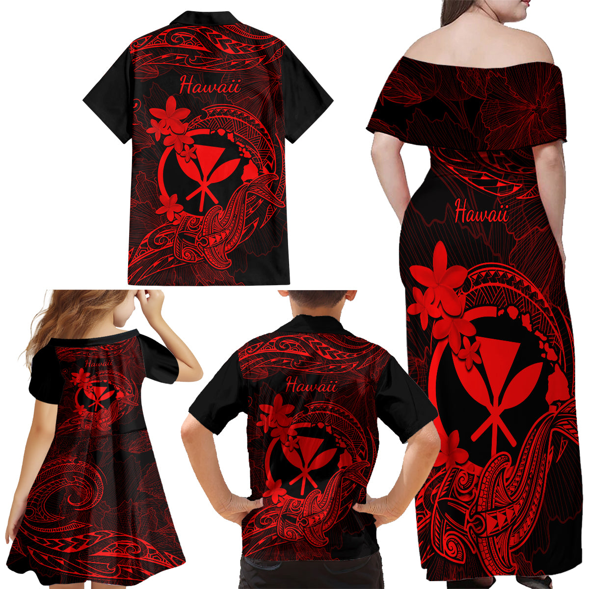 Hawaii Family Matching Off Shoulder Maxi Dress and Hawaiian Shirt Hammerhead Shark Tattoo Mix Polynesian Plumeria Red Version LT14 - Polynesian Pride
