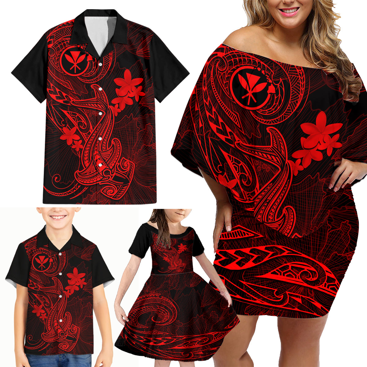 Hawaii Family Matching Off Shoulder Short Dress and Hawaiian Shirt Hammerhead Shark Tattoo Mix Polynesian Plumeria Red Version LT14 - Polynesian Pride